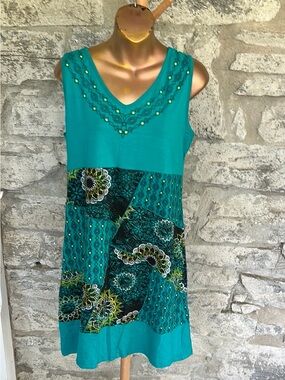 Sleeveless Teal Patchwork V-Neck Mini Dress with Embroidered Neckline